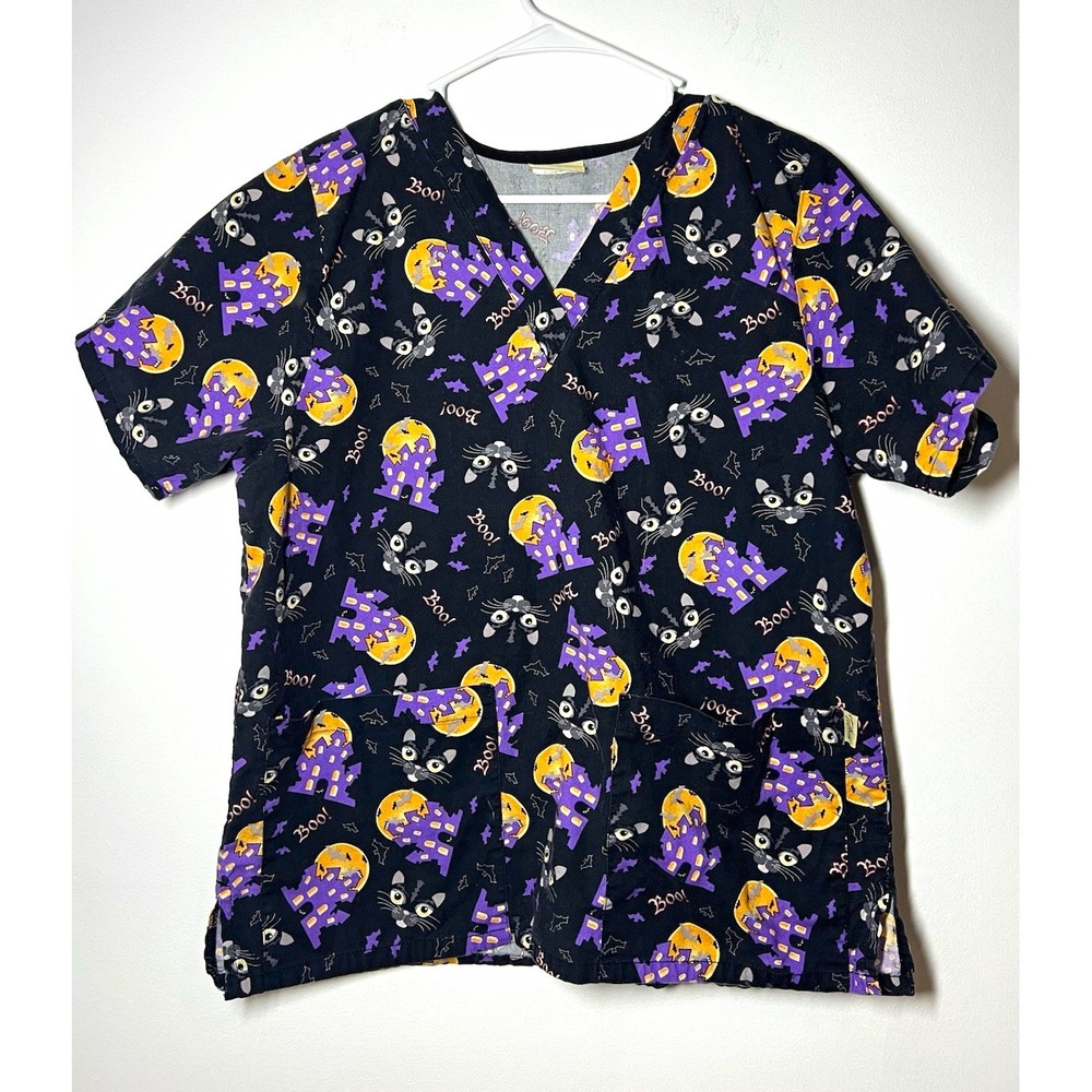Tafford's Boo! Spooky Halloween Print V-Neck Scrub Top Cotton Womens L Unisex M